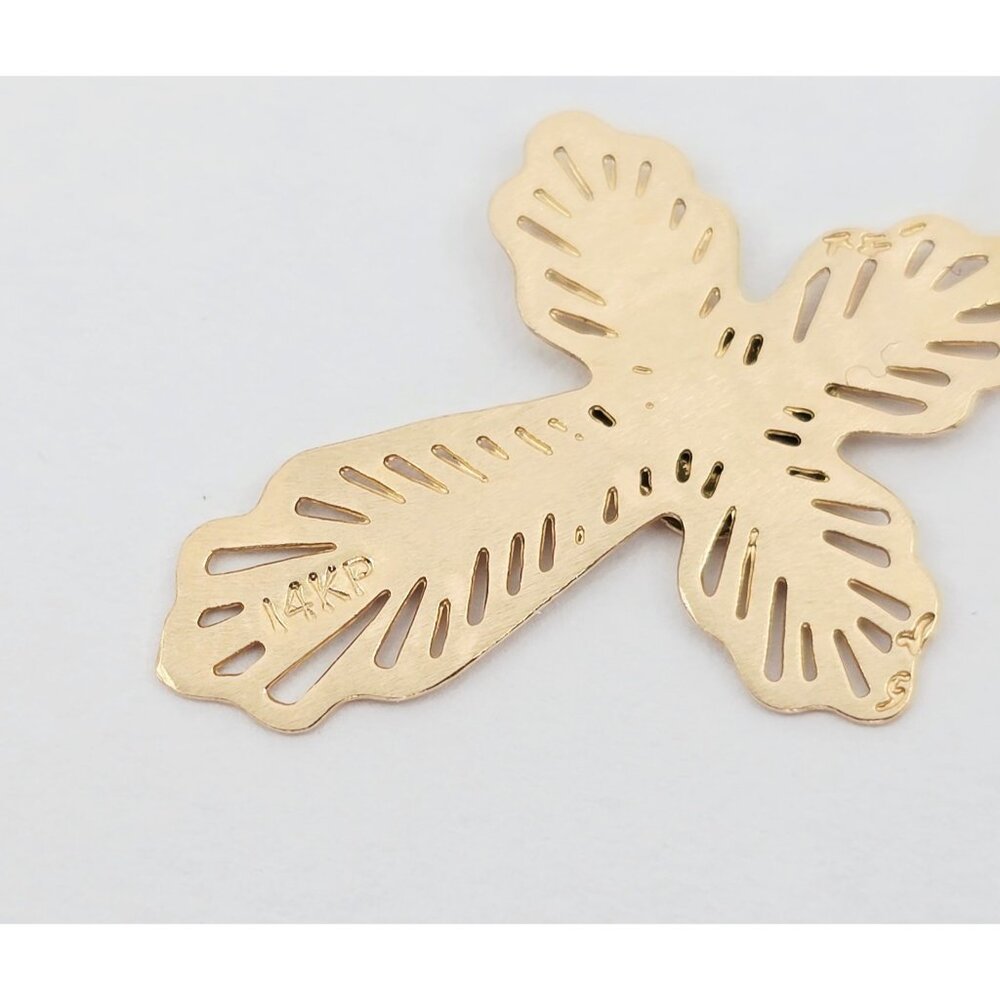 Unique 14K Two Tone Multi Color Gold Religious Floral Flower Cross Charm Pendant - Picture 9 of 11